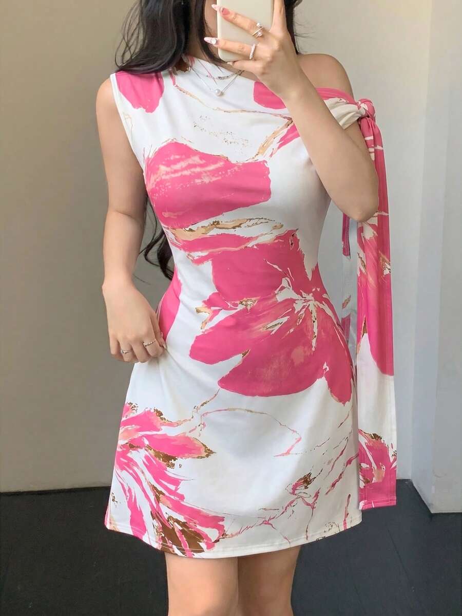 Celisse Vestido minimalista ajustado para mujer con estampado floral de tinta, hombro asimétrico con lazo y cintura ceñida - Multicolor - Ver 1