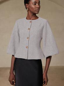 Aveloria Zanirela Áo blazer nữ thanh lịch, sang trọng, thiết kế cao cấp kiểu Pháp cổ điển, họa tiết xương cá, cổ tròn, tay lỡ xòe cánh hoa, eo thắt, cúc kim loại. - Màu Xám nhạt - Xem 4