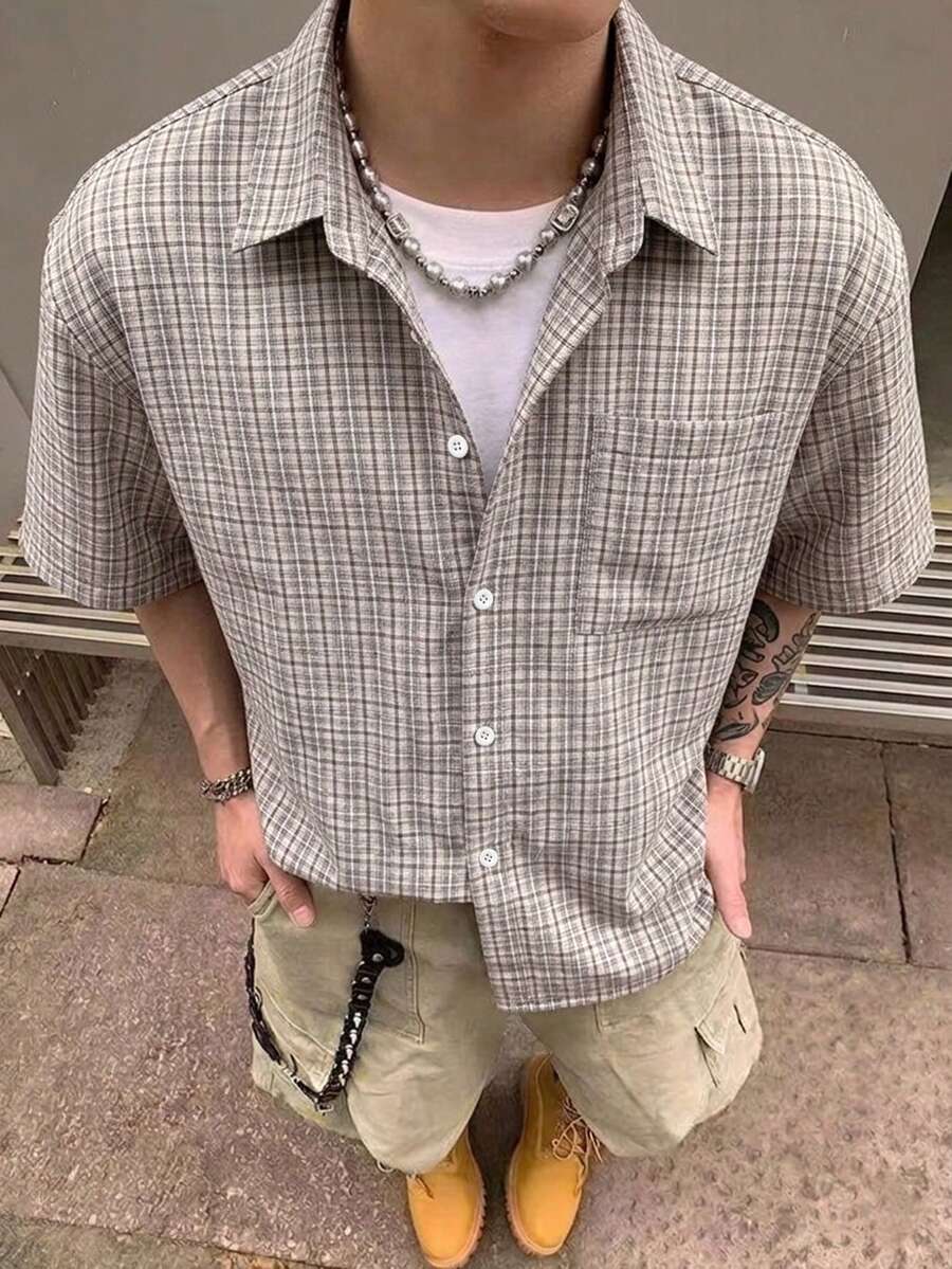 STEELVANCE 男士小格纹短袖衬衫，单口袋经典款，适合正式或休闲场合，如度假、用餐、办公、居家休闲等，百搭舒适面料，自穿或送礼皆宜。 - 彩色 - 查看 1