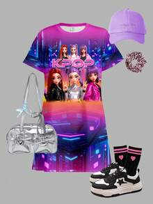 SHEIN Đầm ngắn tay tối giản, họa tiết hoạt hình cô gái K-POP, màu ombre neon rực rỡ, thích hợp mặc hàng ngày, đi chơi hoặc đi nghỉ mát vào mùa xuân/hè. - Nhiều màu - Xem 4