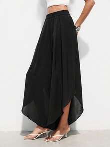 SHEIN Luminelle Quần ống loe bất đối xứng cạp cao màu đen, thiết kế chữ A mềm mại, tôn dáng, quần công sở giúp thon gọn cho nữ. - màu đen - Xem 6