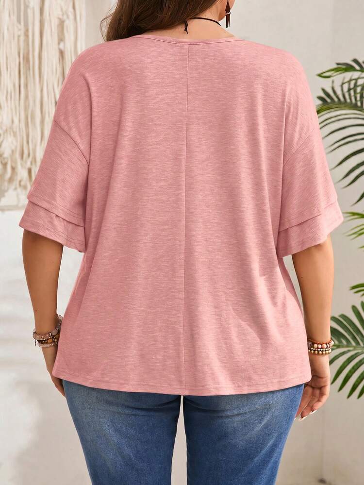 Plus Size Casual Solid Color V-Neck Ruffle Sleeve T-Shirt