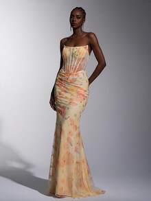 Elitara Elegante y lujoso vestido de noche para mujer con bordado de cuentas multicolor en malla, decoración fruncida hecha a mano, cuello barco, cinturón transparente con cintura y cintas móviles, falda de cola de pez con cola - Multicolor - Ver 5