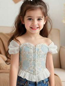 SHEIN Young Girl's Elegant Jacquard Off Shoulder Ruffle Hemline Corset Structure Top, Jacquard Fabric Shirt For Spring/Summer Blouse With Ruffle Trim Puff Sleeves For Special Occasions - Mint Green - View 1