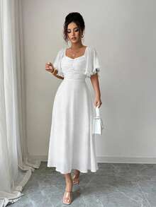 Modelyn Women's Solid Butter Yellow Chiffon Ruffle Sleeve Design Summer French Style Vacation Dress - White - View 6