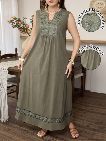 Lacomfia Casual Minimalist Embroidered Hollow Out Sleeveless Loose Regular Spring/Summer Plus Size Dress