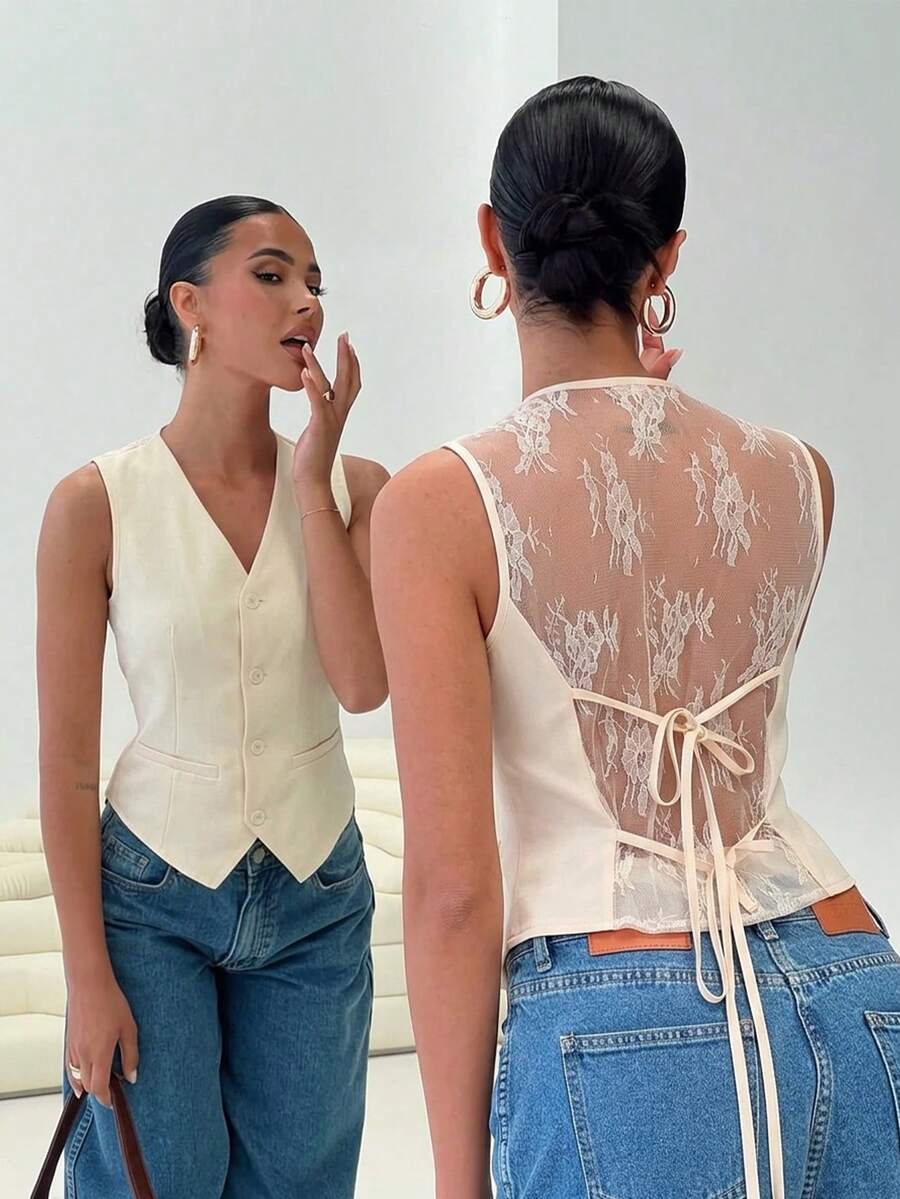 Firerie 女士优雅浪漫时尚通勤休闲百搭婚礼宾客度假V领蕾丝露背系带白色西装背心 - 白色 - 查看 1