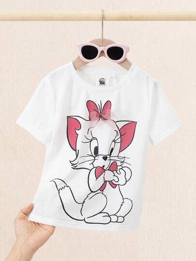 TOM & JERRY X SHEIN Áo thun tay ngắn cổ tròn in hình hoạt hình dành cho bé gái