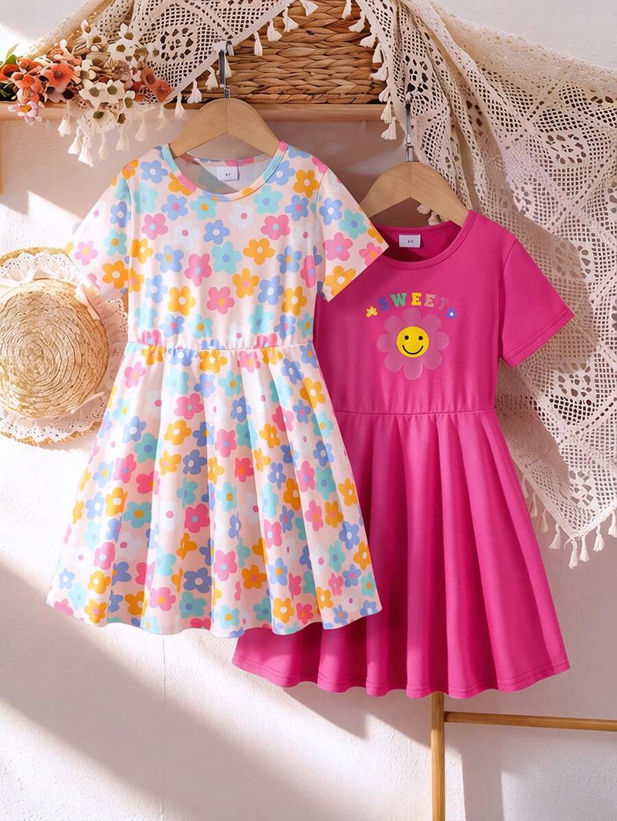 Elladie kids Bộ 2 chiếc váy ngắn tay in hình hoa và chữ dễ thương cho bé gái, thích hợp cho kỳ nghỉ hè. - Nhiều màu - Xem 1