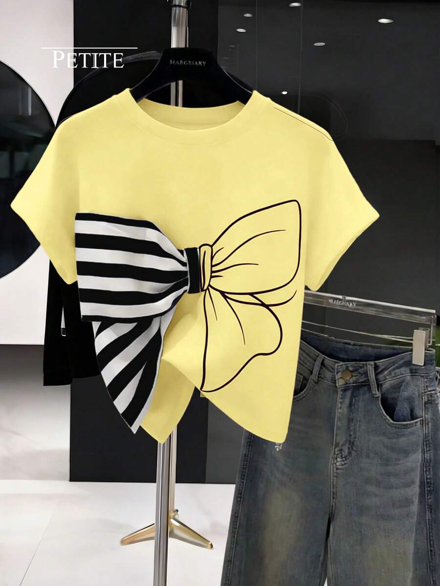 GlowEve Bow Decor Design Casual T-Shirt For Women ,Petite Women - Light Yellow - View 1