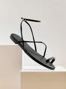 SHUZIA Women's Casual Comfy Strappy Toe Ring Flat Sandals - Black - View 6