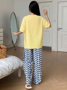 Women's Cute Cartoon Dog Print Loose Fit Top And Full Print Pants Pajama Set, Suitable For Spring, Summer, Autumn - Yellow - View 2