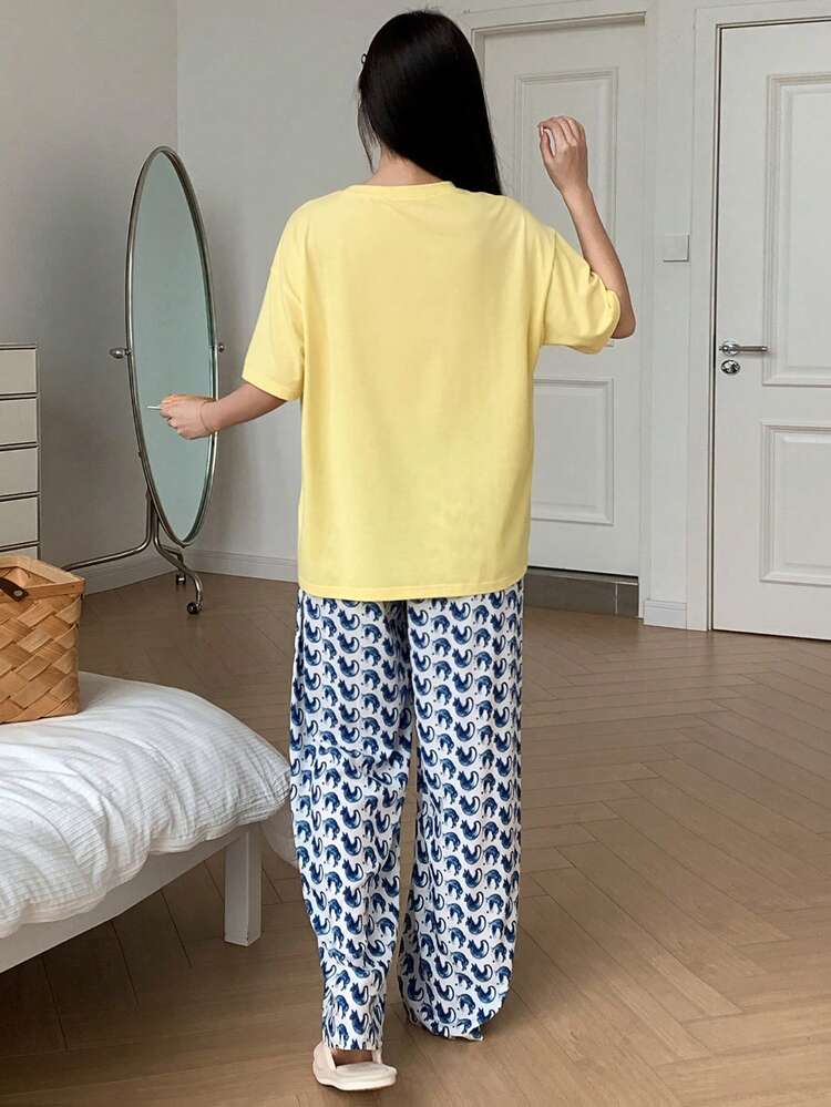 Women's Cute Cartoon Dog Print Loose Fit Top And Full Print Pants Pajama Set, Suitable For Spring, Summer, Autumn