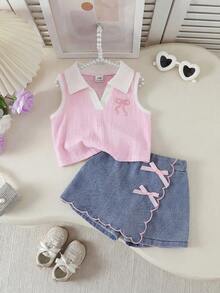 Playful Pals 两件套女婴粉色V领无袖蝴蝶结刺绣背心上衣+松紧腰蝴蝶结装饰浅蓝色短裤，休闲可爱套装，适合夏季外出或度假 - 粉色 - 查看 2