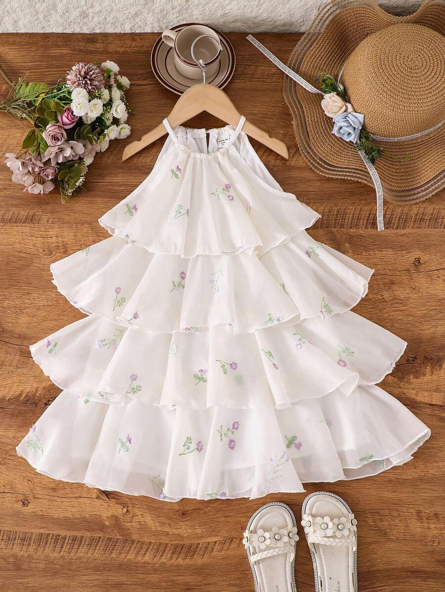 Vestido de fiesta de moda con estampado floral y volantes para niña - Blanco - Ver 1