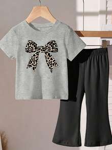 Conjunto de 2 piezas de camiseta de manga corta con cuello redondo y estampado de leopardo con lazo, y pantalones acampanados casuales para niña - Multicolor - Ver 6