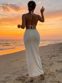Swim Vcay Women's Elegant Tropical Knit Maxi, White Flower Floral Beaded Beach Vacation Cover-Up Skirt, Summer Casual Vacation Holiday Beach Party - Apricot - View 2