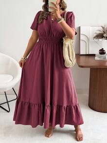 Ceyna Đầm xòe dáng rộng, thanh lịch, cổ chữ V, tay ngắn, chất liệu vải dệt họa tiết, thích hợp cho khách dự đám cưới, phong cách Bohemian, siêu dài, thích hợp cho mùa xuân/hè. - Màu đỏ tím - Xem 3
