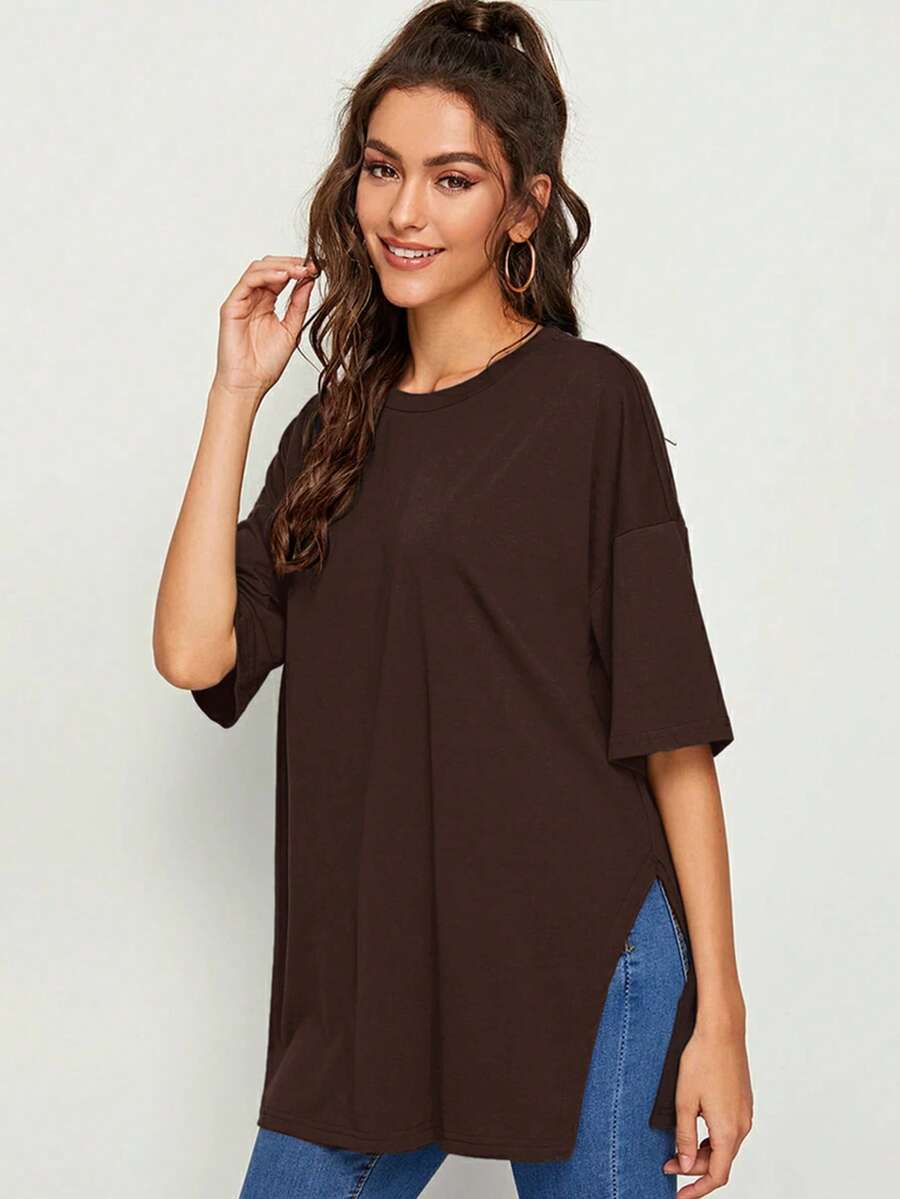 SHEIN Essnce Kaos Wanita Kasual Warna Polos Leher Bulat Bahu Longgar, Musim Panas, Atasan Musim Panas - Coffee Brown - View 1