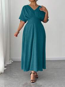 SHEIN Elenzya Plus Size V-Neck Solid Color Short Sleeve Casual Dress, Simple & Fashionable For Everyday Wear,Valentine - Mint Green - View 5