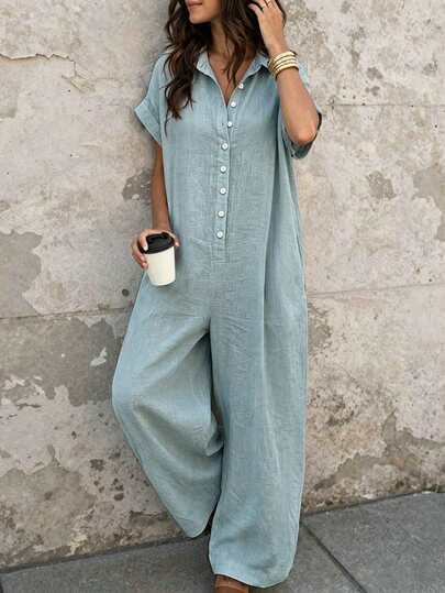 Selamara Casual Vacation Style White Linen-Feel Collared Short Sleeve Wide Leg Jumpsuit