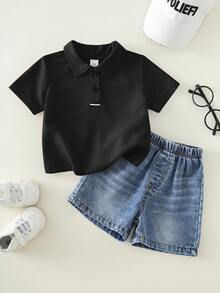 SHEIN 2件套男婴学院风休闲红色Polo衫和蓝色牛仔短裤套装，适合夏季生日派对、锐舞派对、晚宴、演出、婚礼、迎婴派对和一周岁生日庆祝活动。 - 黑色 - 查看 3