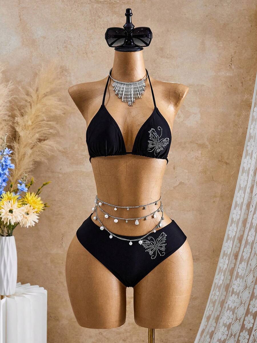 Bellisia Bộ đồ bơi nữ 2026SS màu đen YK2 Millennium Retro lấp lánh hình bướm đính đá dễ thương ngọt ngào dành cho kỳ nghỉ biển. - Nhiều màu - Xem 1