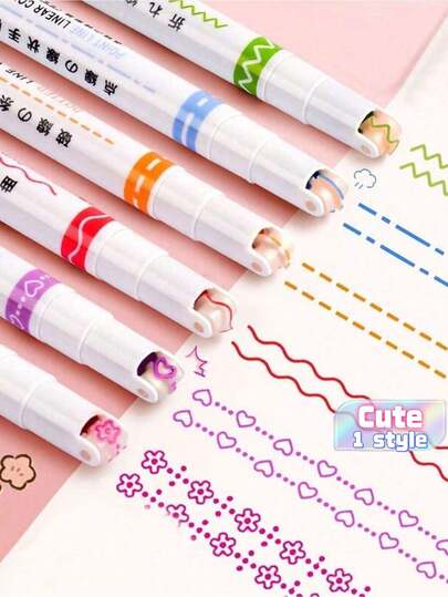 6pcs Highlighter Pen Notebook Curve Pen Roller Flower Pen Double-Head Printing Contour Pen Creative Wave Flower Ball Pen Back To School