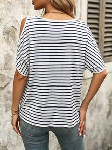 Women's Casual Striped Round Neck Batwing Sleeve T-Shirt, Summer - Navy Blue - View 2