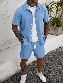 Manfinity Homme 2pcs Solid Color Textured Short Sleeve Shirt And Shorts Set Football - Blue - View 6