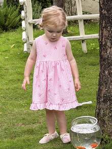 SHEIN 甜心条纹露背蝴蝶结A字连衣裙，浅粉色蝴蝶结荷叶边公主裙 - 粉色 - 查看 4