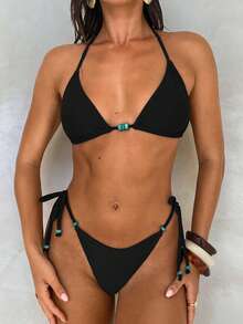 Aloruh Women's Summer New Tie-Dye Printed Bikini Set, Sexy Party Music Festival Iridescent Shell Decor Women's Swimwear, Women's Beach Vacation Outfit - Black - View 4