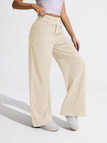 Flexra Quần jeans nữ cỡ lớn, màu trơn, cạp cao, có túi, kiểu dáng thường ngày. - trắng - Xem 8