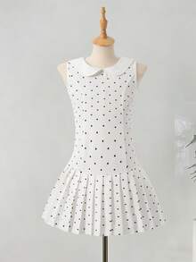 Girls' Retro Sweet Polka Dot Print Peter Pan Collar Sleeveless Pleated Dress, Suitable For Spring/Summer Daily Outing, Party, White - White - View 4