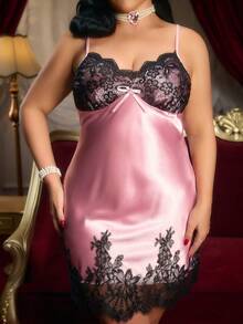 PinupPomp Gaun Tidur Kamisol Satin Patchwork Renda Ukuran Besar, Seksi & Urban - Berwarna merah muda - View 5