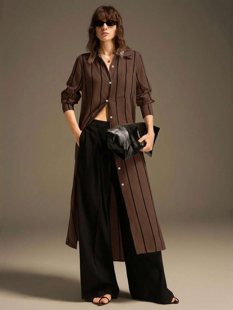 2026 Spring/Summer New Women's Striped Long Sleeve Single-Breasted Casual Shirt Dress, Business Casual Women's Dress For Beach, Music Festival, Urban Minimalist Commute Office Wear, Elegant Party Dress For Valentine's Day Gathering