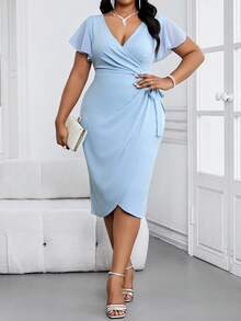 SHEIN Lady Đầm nữ cỡ lớn màu trơn, cổ chữ V xếp lớp, tay ngắn, bèo nhún, thắt nút bên hông, kiểu dáng thanh lịch. - Màu xanh lam - Xem 10