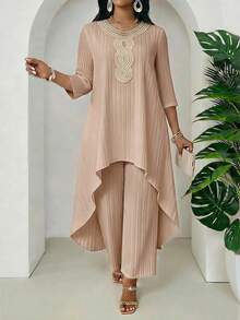 SHEIN Lady Chic Khaki Ladies' Pleated High Low Tunic Top And Palazzo Pants Two-Piece Outfit For Everyday Wear - Khaki - View 1