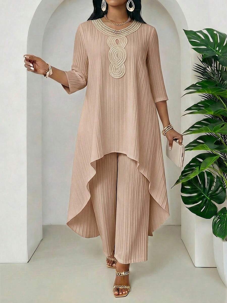 SHEIN Lady Chic Khaki Ladies' Pleated High Low Tunic Top And Palazzo Pants Two-Piece Outfit For Everyday Wear - Khaki - View 1