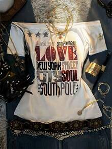 IslaSuriya White,Summer,Streetwear,Rock Concert 2000s Y2K Off-Shoulder Slim-Fit Short-Sleeved T-Shirt,Star Print Casual Retro Style,Parties,Back-To-School - Multicolor - View 4