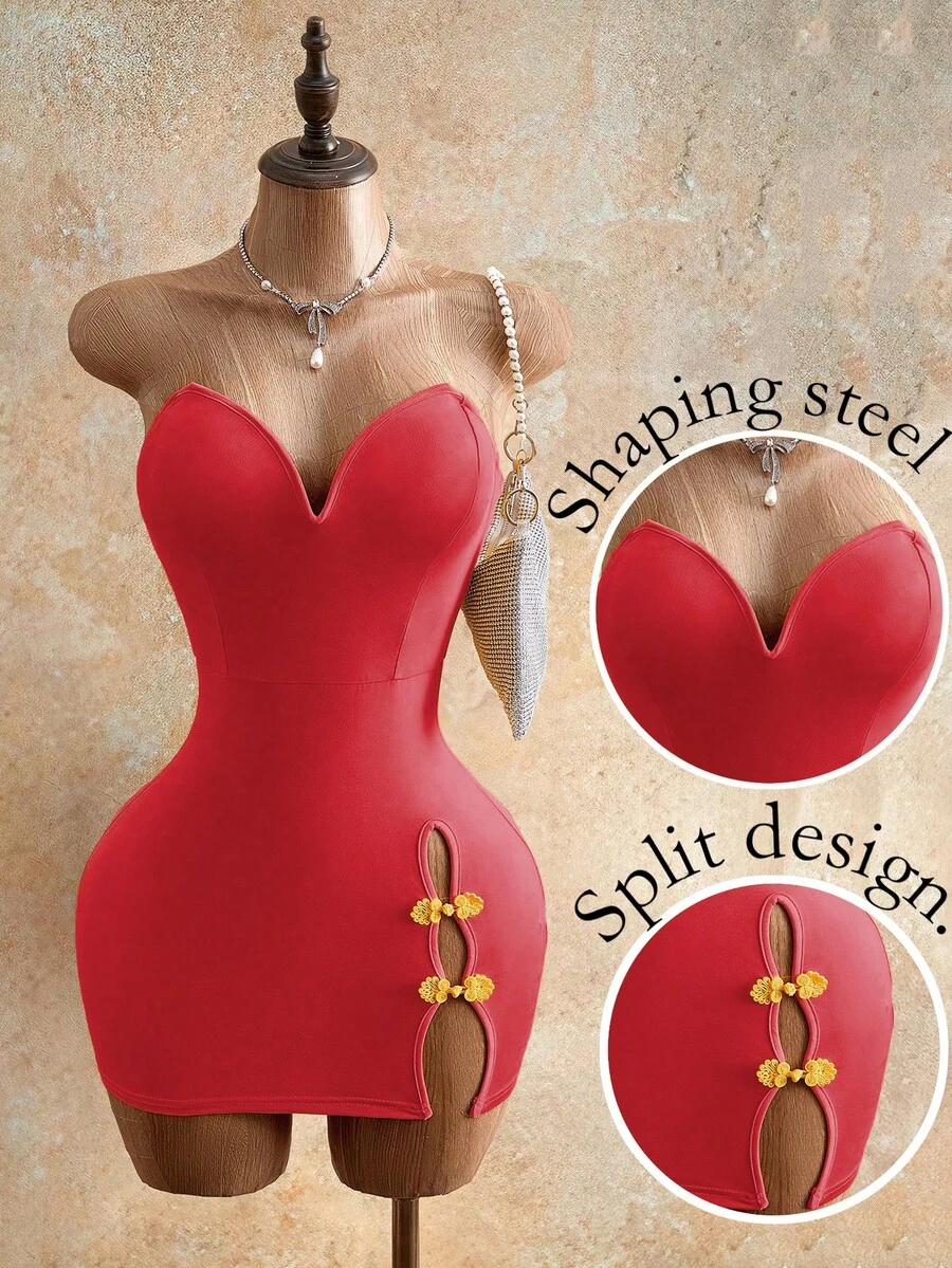 Mistrie Đầm quây ngực xẻ tà, thêu họa tiết thanh lịch dành cho nữ, có cúc cài. - Đỏ - Xem 1