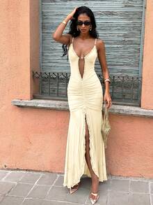 Opulessa Vacation Knit Mesh Printed Maxi Slip Dress For Women - Apricot - View 4
