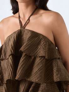 LYSMO Top halter con cuello halter y espalda descubierta con volantes, sexy para el verano - Café integral - Ver 8