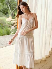 MOTF PREMIUM WOMEN'S SUMMER SOLID COLOR CONTRAST LACE LOOSE CAMISOLE NIGHTGOWN - White - View 6