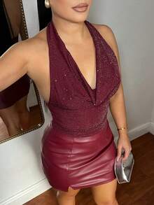 酒红色露背针织亮片派对圣诞性感深V领吊带背心 - 酒紅色 - 查看 5