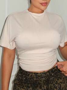 Maria Perezxox 女式夏季简约 Y2K 基本款日常休闲返校街头风弹力白色宽松褶皱短款 T 恤 - 杏色 - 查看 6