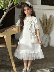 Girls' Elegant Solid Color Spring/Summer Dress, Girls' Solid Color Bow Round Neck Vest Spliced Mesh Skirt Matched With Fashionable Bag, Gentle Lady Style, Comfortable Multi-Functional Daily Outfit, Girls Clothing - White - View 3
