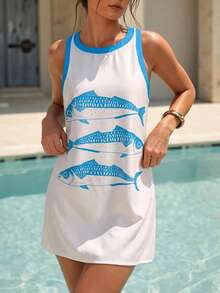 Swim Vcay Women's Casual Colorblock Trim Fish Print Mini Dress, Summer - Blue and White - View 6
