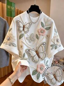 Airaco 大码女式多功能蝴蝶花朵图案圆领短袖T恤 - 白色 - 查看 1