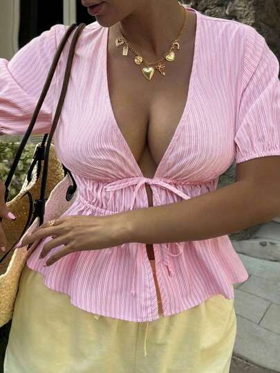 Dazy Plus Countryside Style Holiday Easter Party Summer Vacation Pink Striped Petal Sleeve Tie Waist Women Blouse, Spring/Summer
